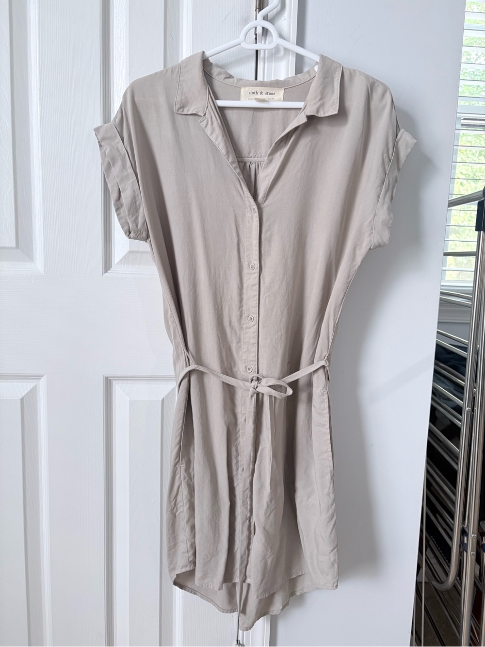cloth & stone Light Taupe Button-Front Mini Shirt Dress with Waist Tie